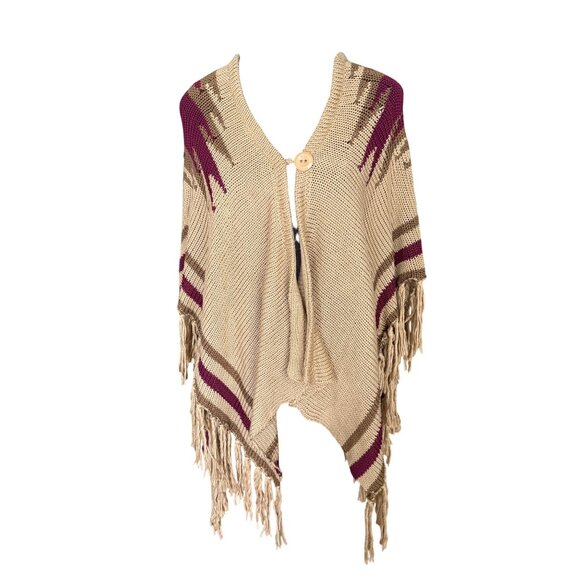 Beige Knit Fringe Poncho With Wooden Button Closure & Burgundy Stripes By Lovely - Picture 1 of 7